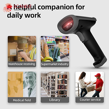Deli ES226 1D barcode scanner connected to computer at office cashier counter