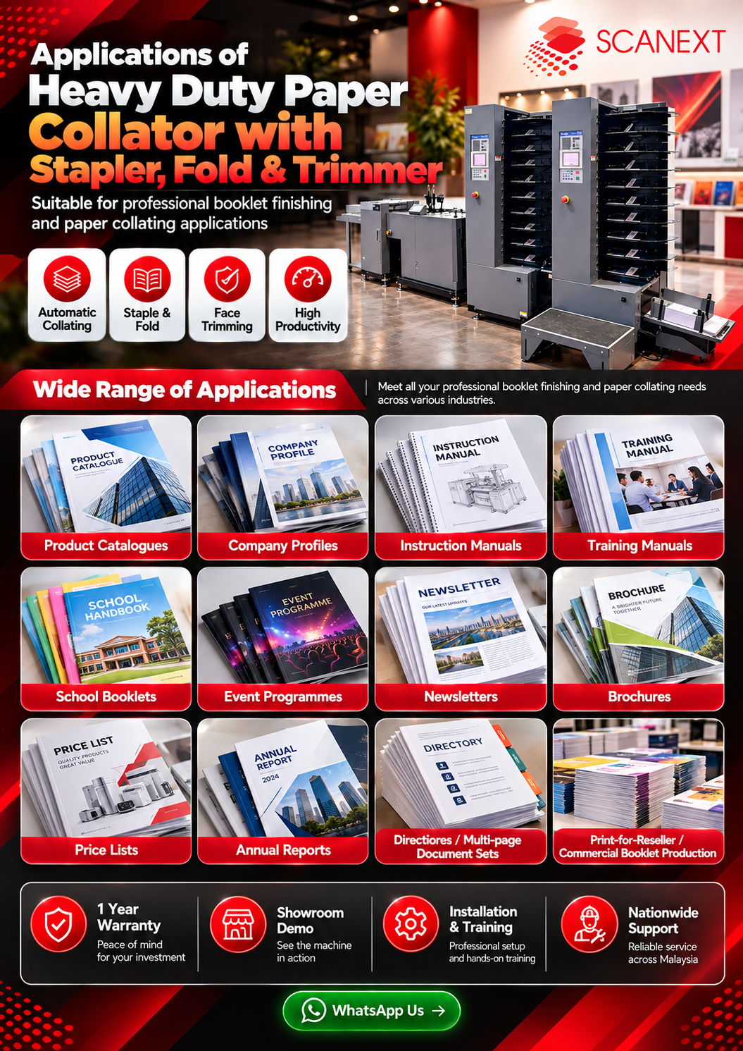 Applications of Duplo heavy duty collator stapler folder and booklet trimmer for manuals brochures booklets catalogues and training materials