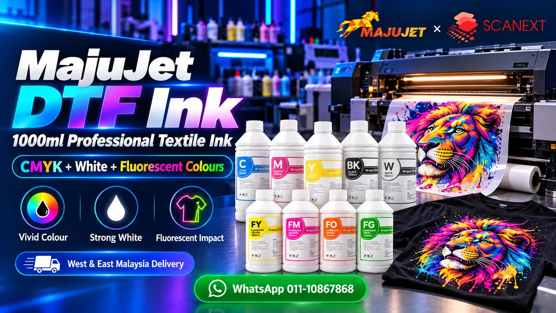 MajuJet 1000ml DTF printer ink in CMYK, white and fluorescent colours supplied by Scanext Solution Petaling Jaya Malaysia