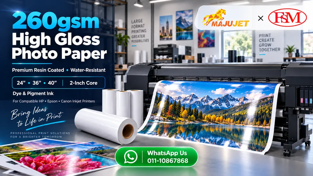 MajuJet 260gsm high gloss resin coated water-resistant photo paper rolls in 24 36 and 40 inch with 2-inch core for HP Epson and Canon printers Malaysia
