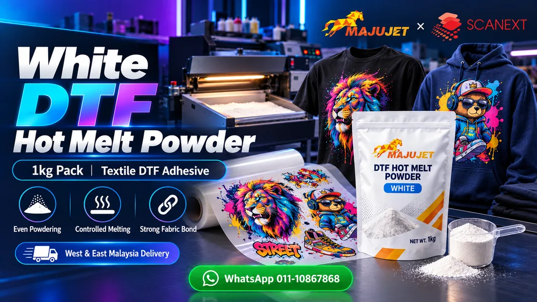 T-shirt DTF hot melt white powder 1kg pack supplied by Scanext Solution Malaysia MajuJet