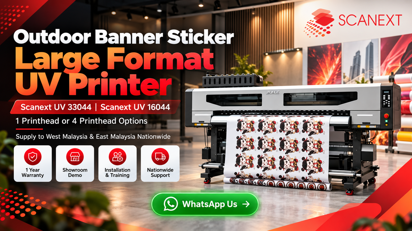 Scanext UV 33044 3.3 metre and UV 16044 1.6 metre outdoor banner sticker large format UV printer Malaysia