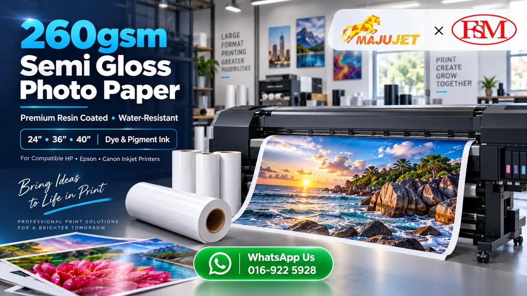 260gsm semi gloss resin coated water-resistant photo paper rolls in 24, 36 and 40 inch supplied by FSM Solution Majujet Malaysia for HP Epson and Canon inkjet printers