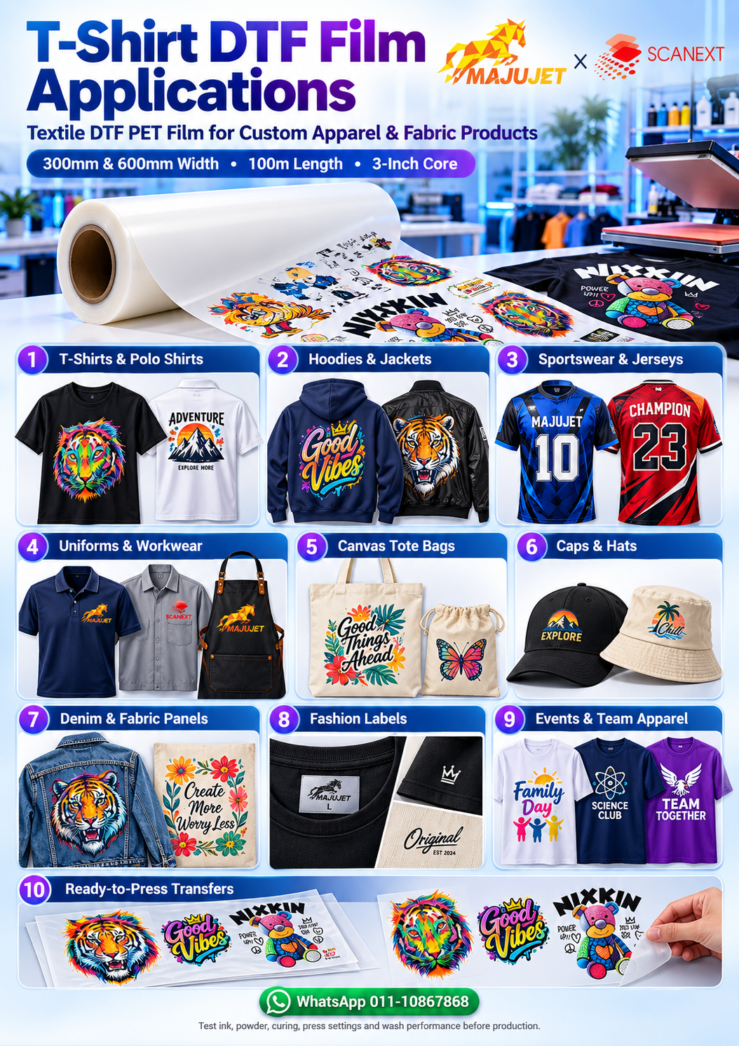 T-shirt DTF transfer film rolls in 300mm and 600mm widths by Scanext Solution Majujet Malaysia