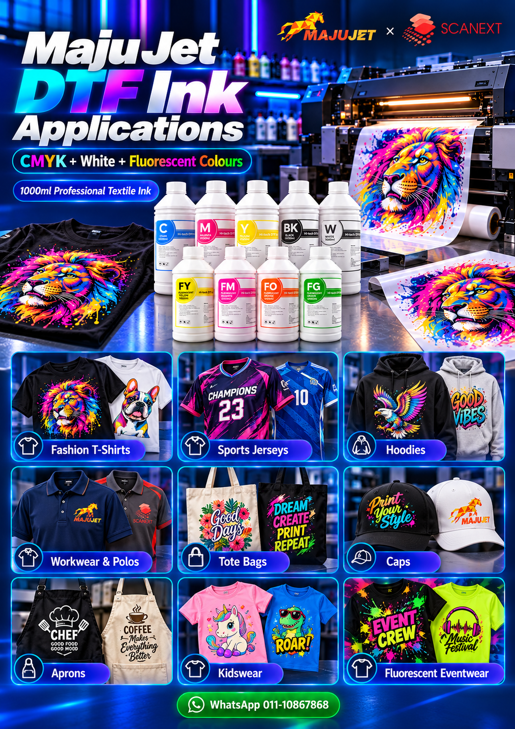 T-shirt DTF printer ink in CMYK, white and fluorescent colours supplied by Scanext Solution Petaling Jaya Malaysia