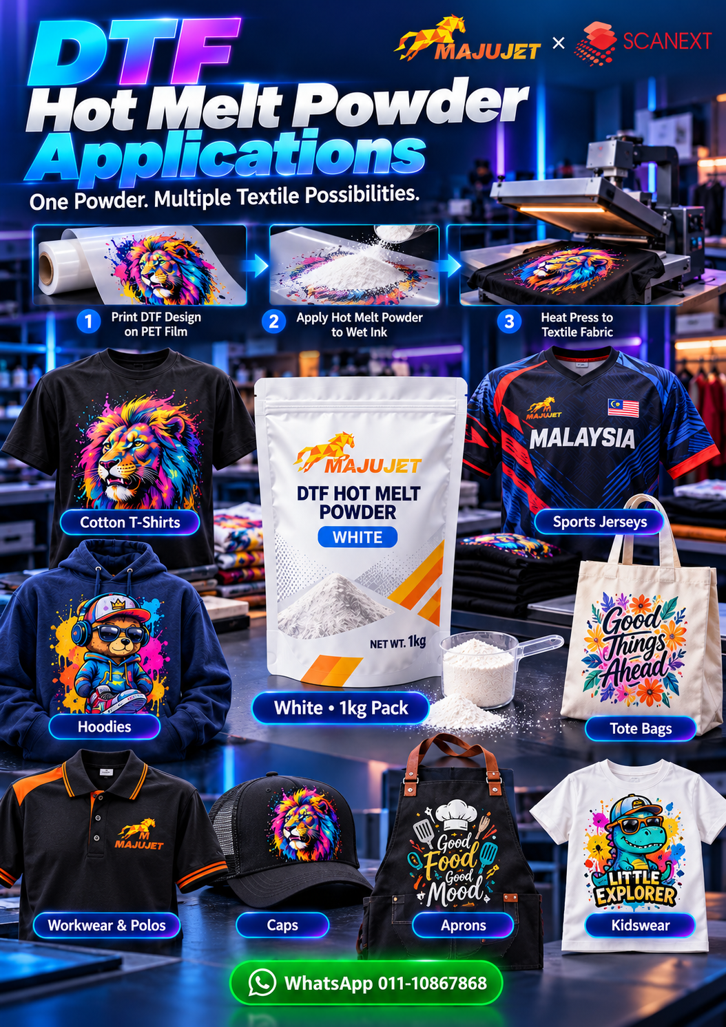 Application MajuJet white T-shirt DTF hot melt adhesive powder 1kg pack supplied by Scanext Solution Malaysia