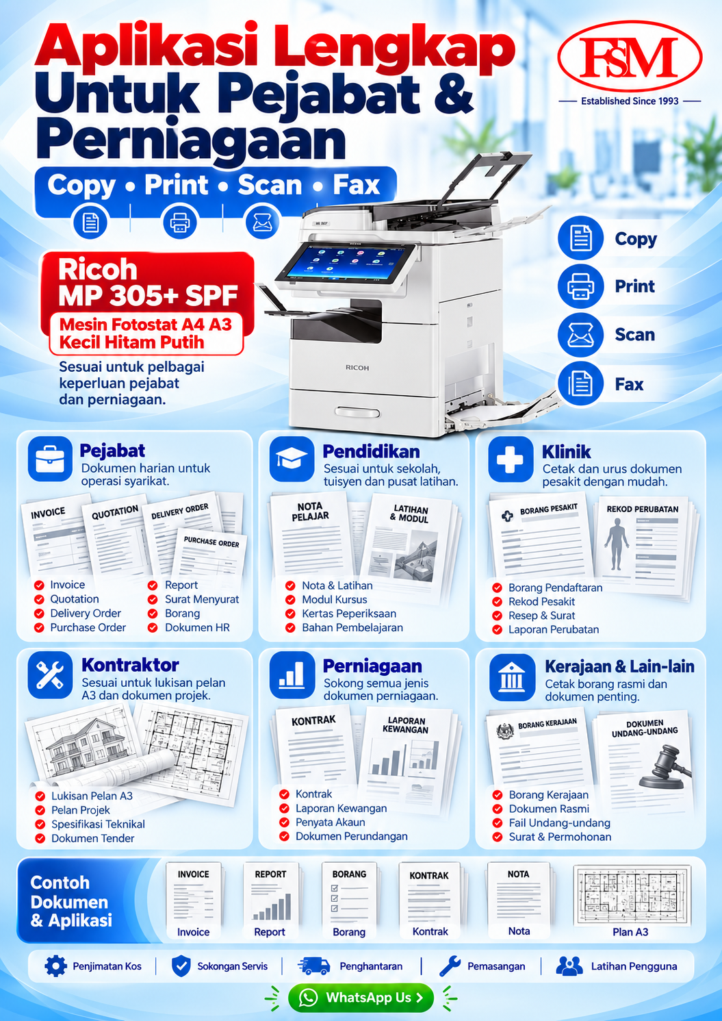 Aplikasi lengkap Ricoh MP 305+ SPF untuk pejabat dan perniagaan termasuk copy, print, scan, fax, invoice, quotation, laporan, kontrak, borang, dokumen klinik, pendidikan dan pelan A3.