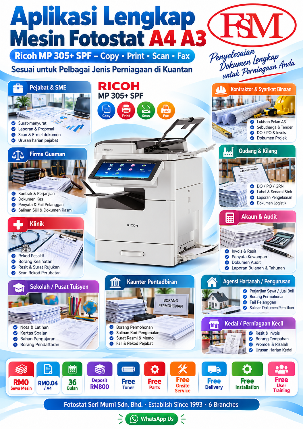 Aplikasi lengkap mesin fotostat Ricoh MP 305+ SPF A4 A3 hitam putih untuk pejabat, SME, firma guaman, klinik, sekolah, kontraktor, gudang dan perniagaan di Kuantan.