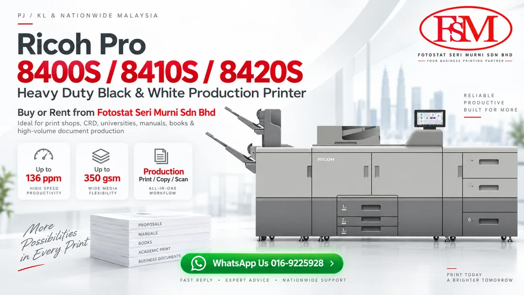 Ricoh Pro 8400S 8410S 8420S heavy duty black and white production printer supplier and rental Malaysia Fotostat Seri Murni