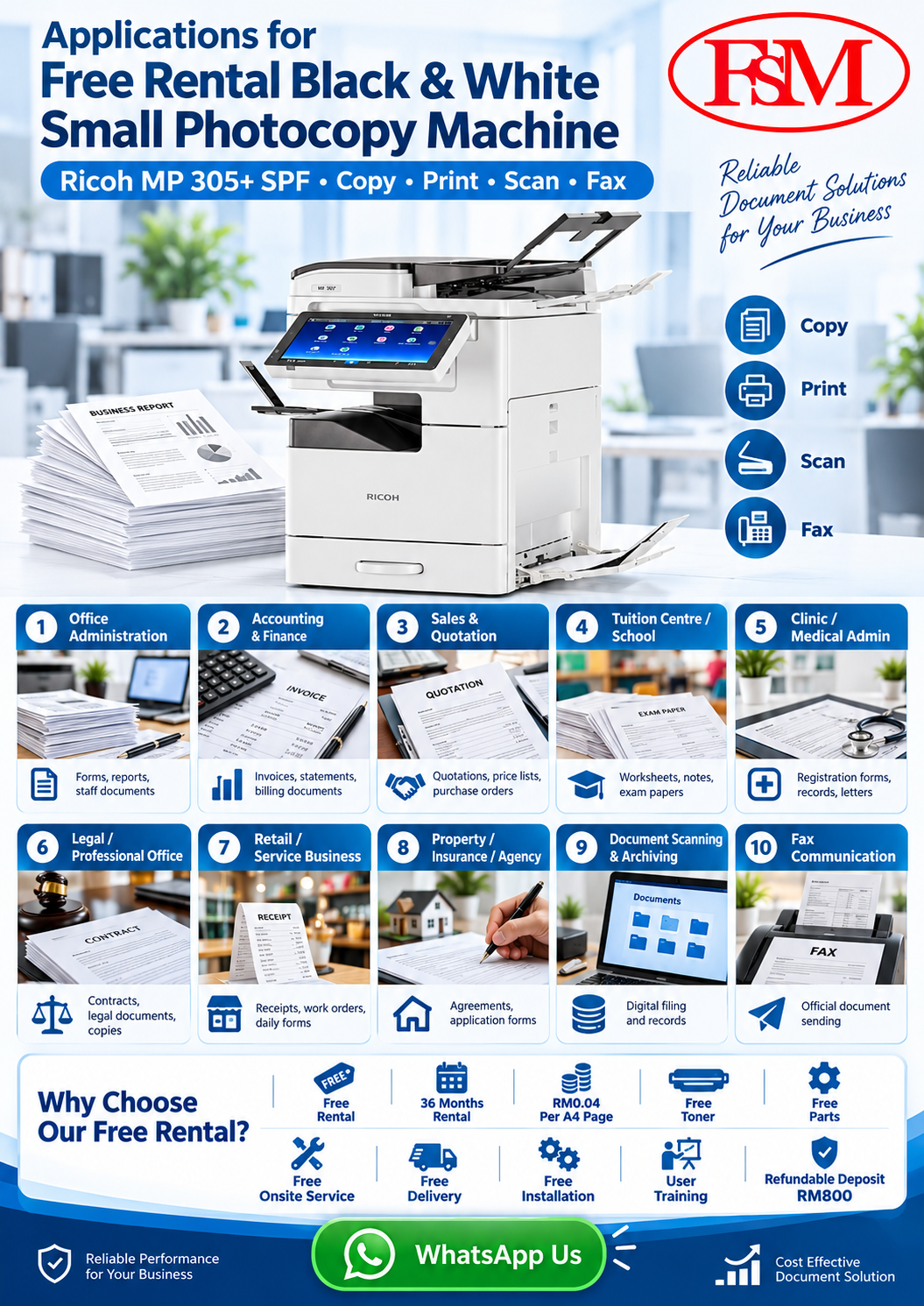 Ricoh MP 305+ SPF free rental black and white photocopy machine applications for office administration, accounting, sales, schools, clinics, legal offices, retail, property agencies, document scanning and fax by Fotostat Seri Murni Sri Damansara KL.