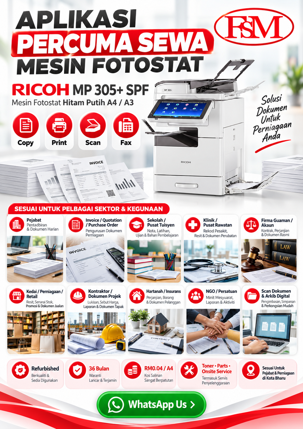 Aplikasi Percuma Sewa Mesin Fotostat RICOH MP 305+ SPF untuk pejabat, sekolah, klinik, firma guaman, kedai, kontraktor dan perniagaan di Kota Bharu.