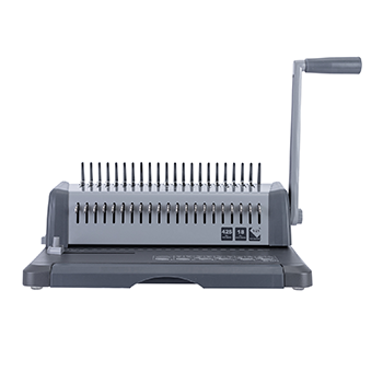  A close-up shot of the Deli E3873 spiral binding machine, featuring a two-tone gray and black plastic body. 