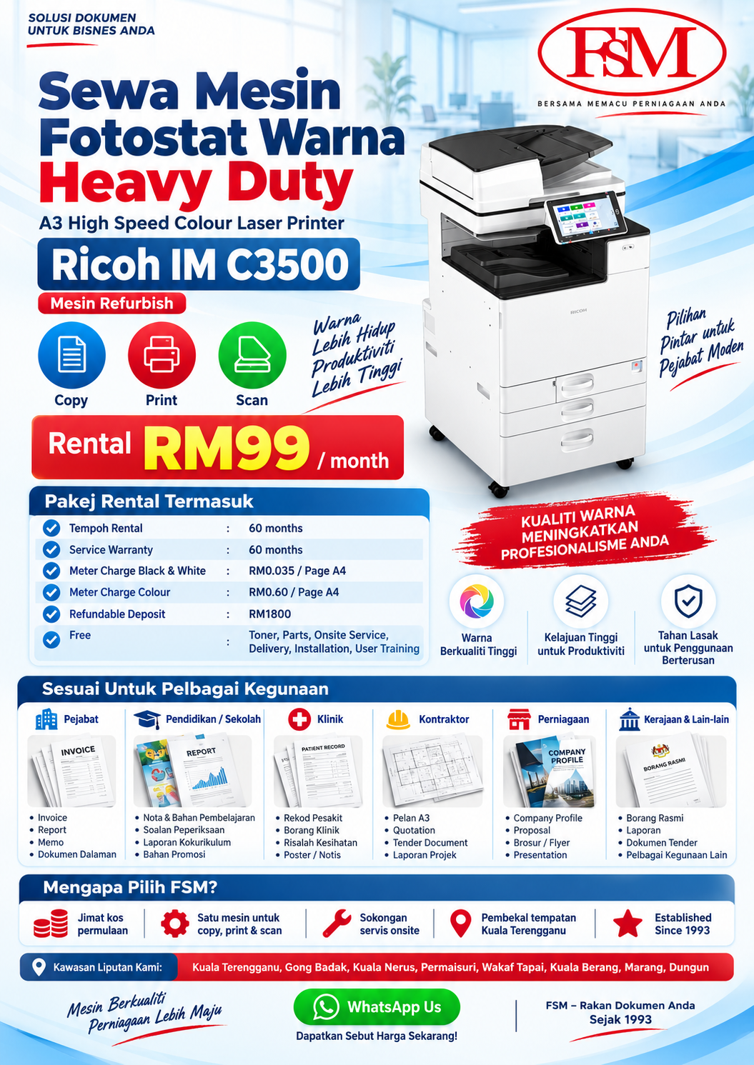 Sewa mesin fotostat warna heavy duty Ricoh IM C3500 di Kuala Terengganu dari RM99 sebulan dengan 35ppm, toner, parts, servis onsite, delivery, installation dan user training.