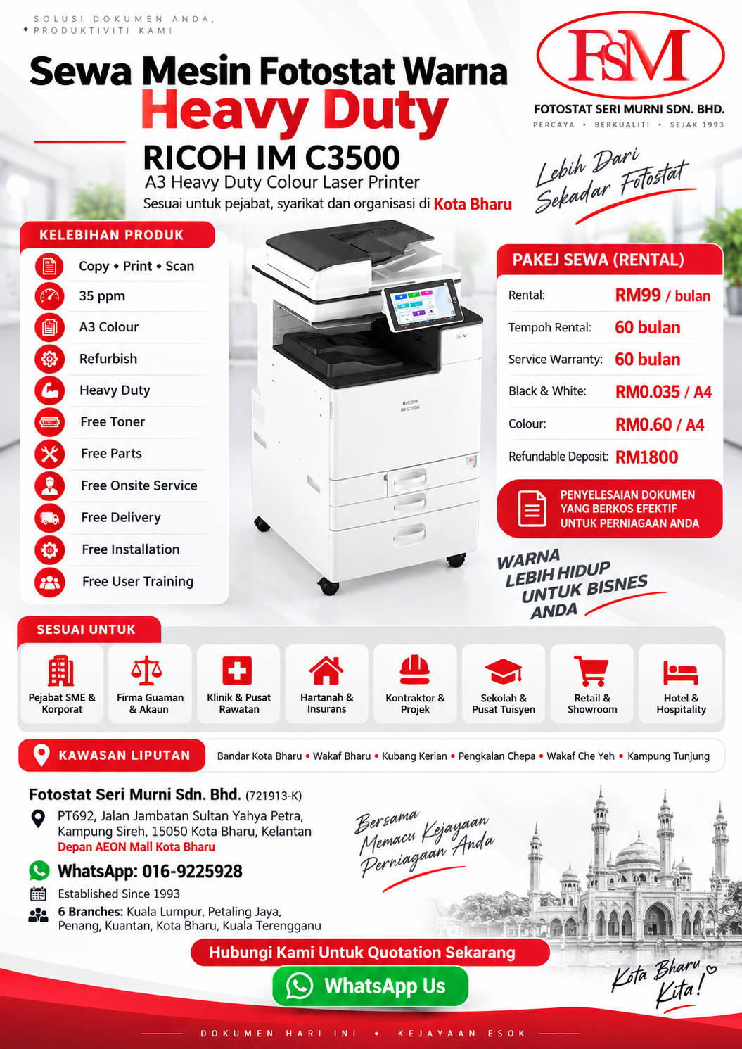 Flyer sewa mesin fotostat warna RICOH IM C3500 A3 heavy duty di Kota Bharu, RM99 sebulan, 35 ppm, Copy Print Scan, toner, parts, onsite service, delivery dan installation.