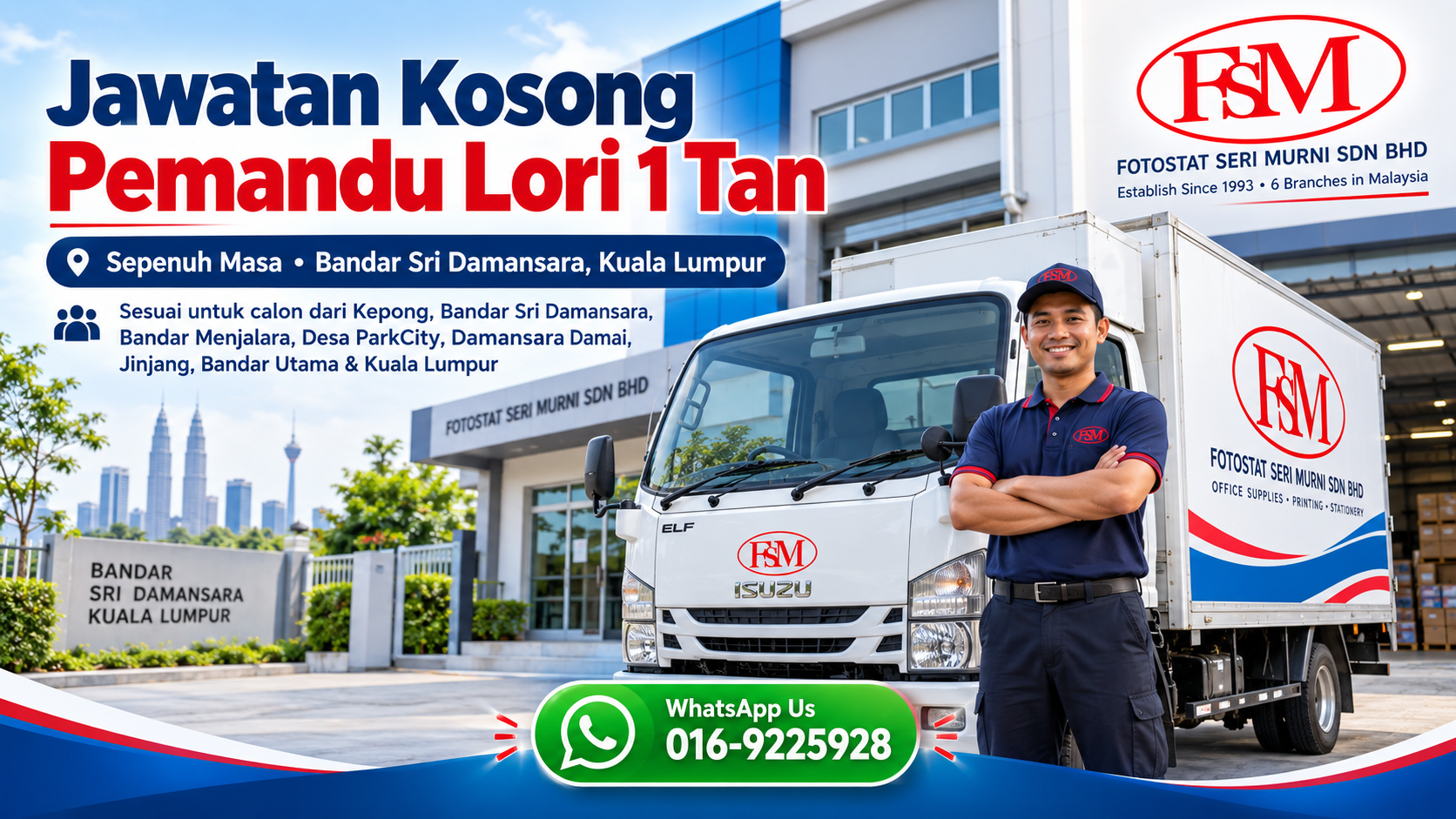 Jawatan kosong Pemandu Lori 1 Tan sepenuh masa Fotostat Seri Murni Sdn Bhd Bandar Sri Damansara Kuala Lumpur