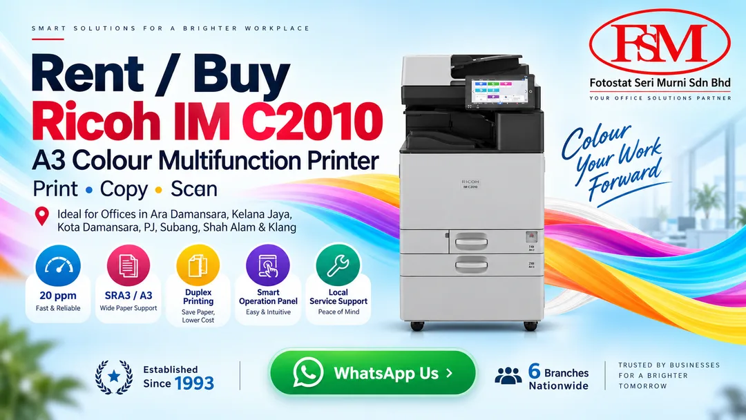 Ricoh IM C2010 A3 colour multifunction photocopier for rental and purchase in Ara Damansara, Petaling Jaya, Selangor by Fotostat Seri Murni.