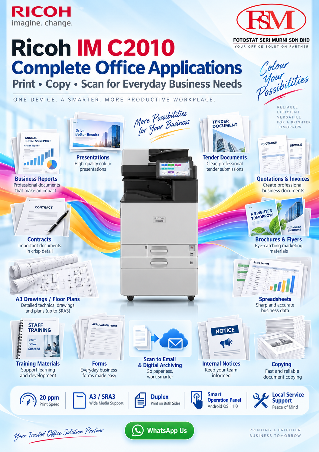 Ricoh IM C2010 office printing applications for reports, presentations, invoices, brochures, contracts, scanning and A3 colour documents.