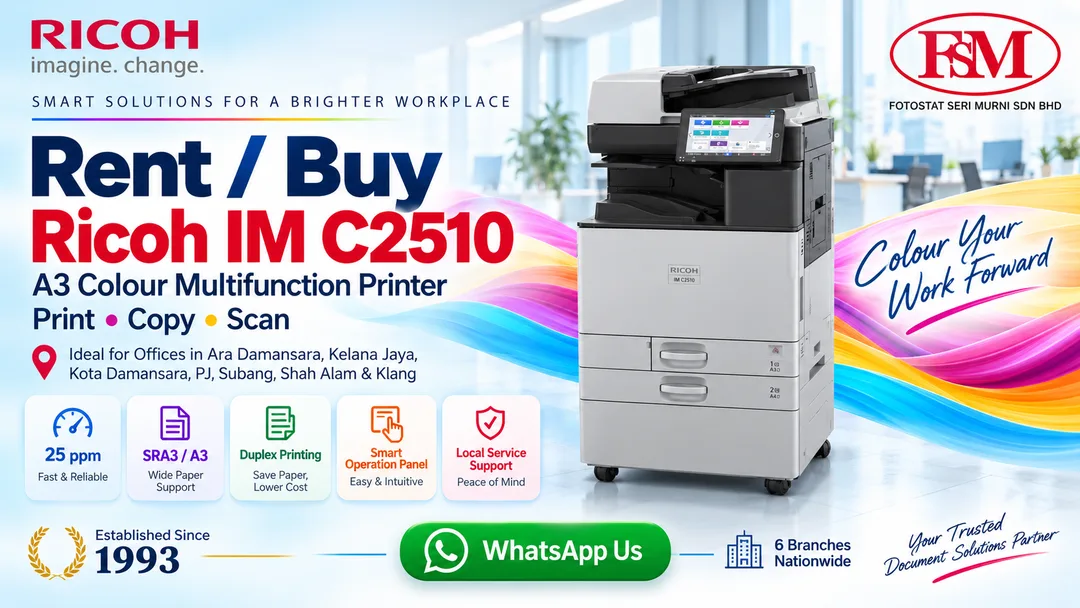 Ricoh IM C2510 25ppm A3 colour photocopier multifunction printer for rental and purchase in Ara Damansara, Petaling Jaya, Selangor by Fotostat Seri Murni.