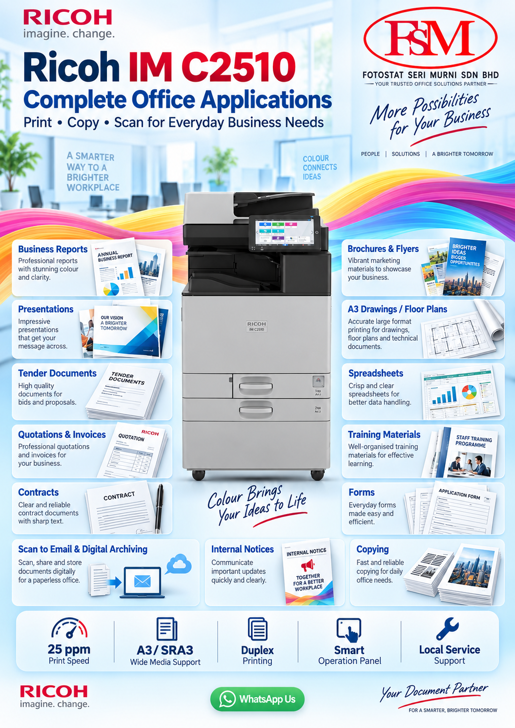 Ricoh IM C2510 office applications for colour business reports, tender documents, quotations, invoices, presentations, A3 drawings, contracts and digital scanning.