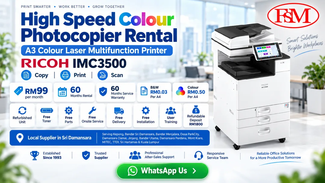 Ricoh IM C3500 A3 high speed colour multifunction photocopier rental from Fotostat Seri Murni Sri Damansara with copy print scan, onsite service and installation