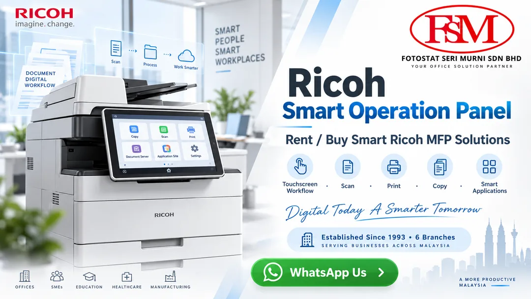 Ricoh 10.1-inch Smart Operation Panel touchscreen for multifunction photocopy machines, featuring custom copy, print, scan and digital workflow applications, supplied by Fotostat Seri Murni in Petaling Jaya, Selangor.