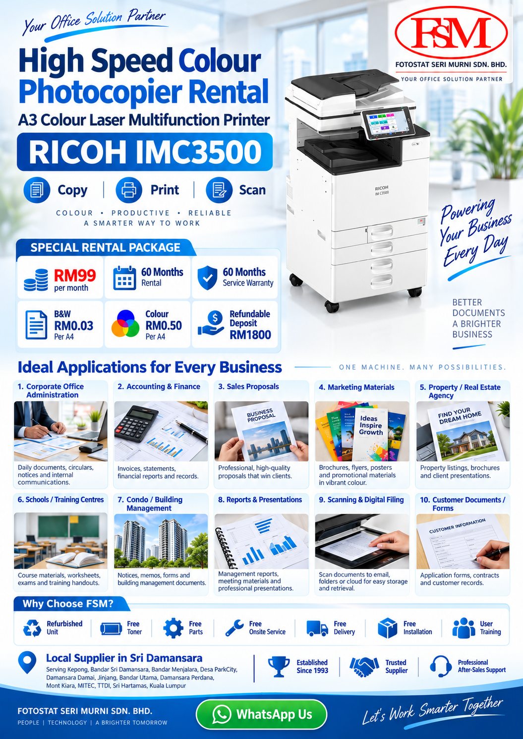 Fotostat Seri Murni Ricoh IM C3500 A3 colour photocopier rental flyer in Sri Damansara, featuring RM99 monthly rental, 60-month service warranty, black and white RM0.03 per A4, colour RM0.50 per A4, free toner, parts, onsite service, delivery, installation and user training.