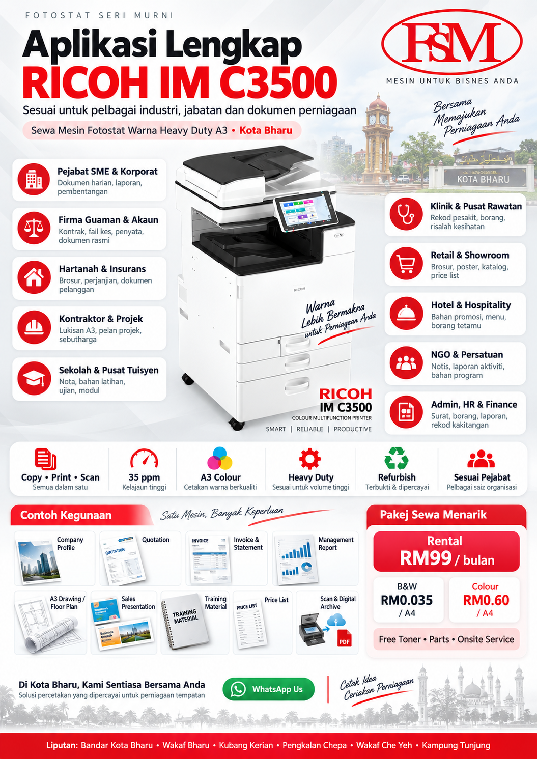Aplikasi sewa mesin fotostat warna RICOH IM C3500 A3 heavy duty untuk pejabat, sekolah, klinik, firma guaman, retail, kontraktor, hartanah dan perniagaan di Kota Bharu.