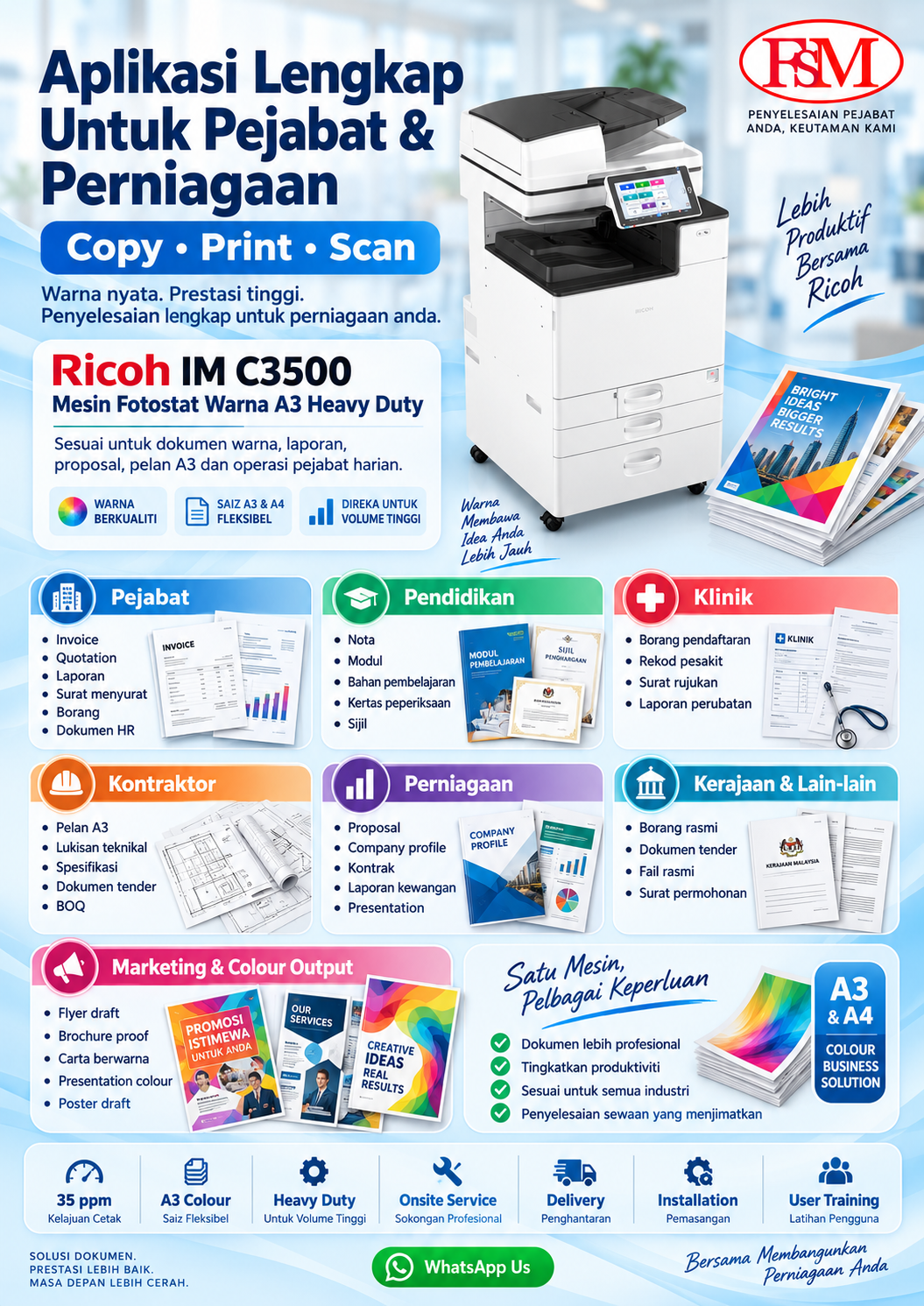 Aplikasi lengkap Ricoh IM C3500 untuk pejabat dan perniagaan termasuk copy, print, scan, invoice, laporan, proposal, pelan A3, dokumen klinik, pendidikan, kerajaan dan output warna.