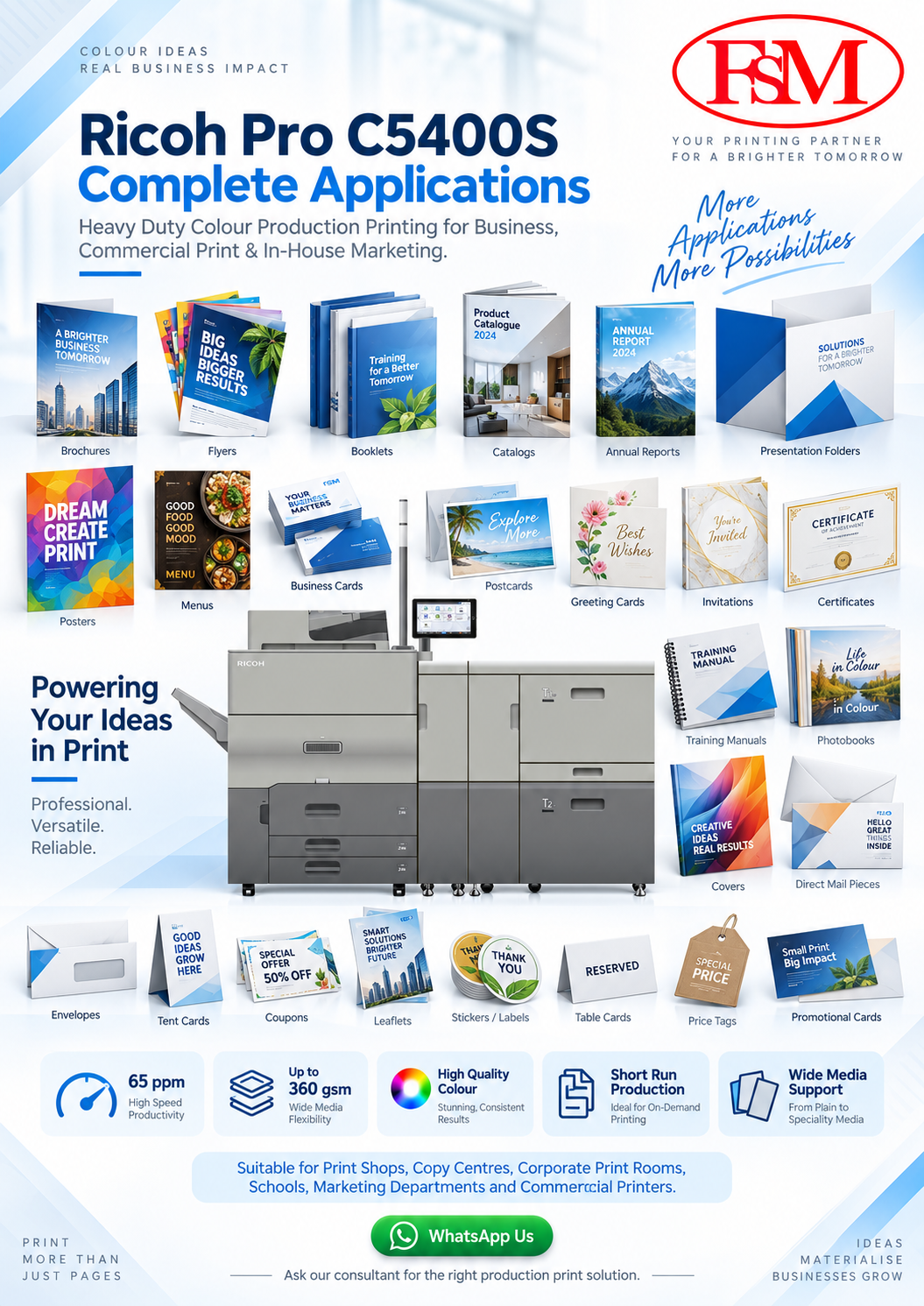 Ricoh Pro C5400S production printing applications including brochures booklets cards menus posters envelopes and marketing materials