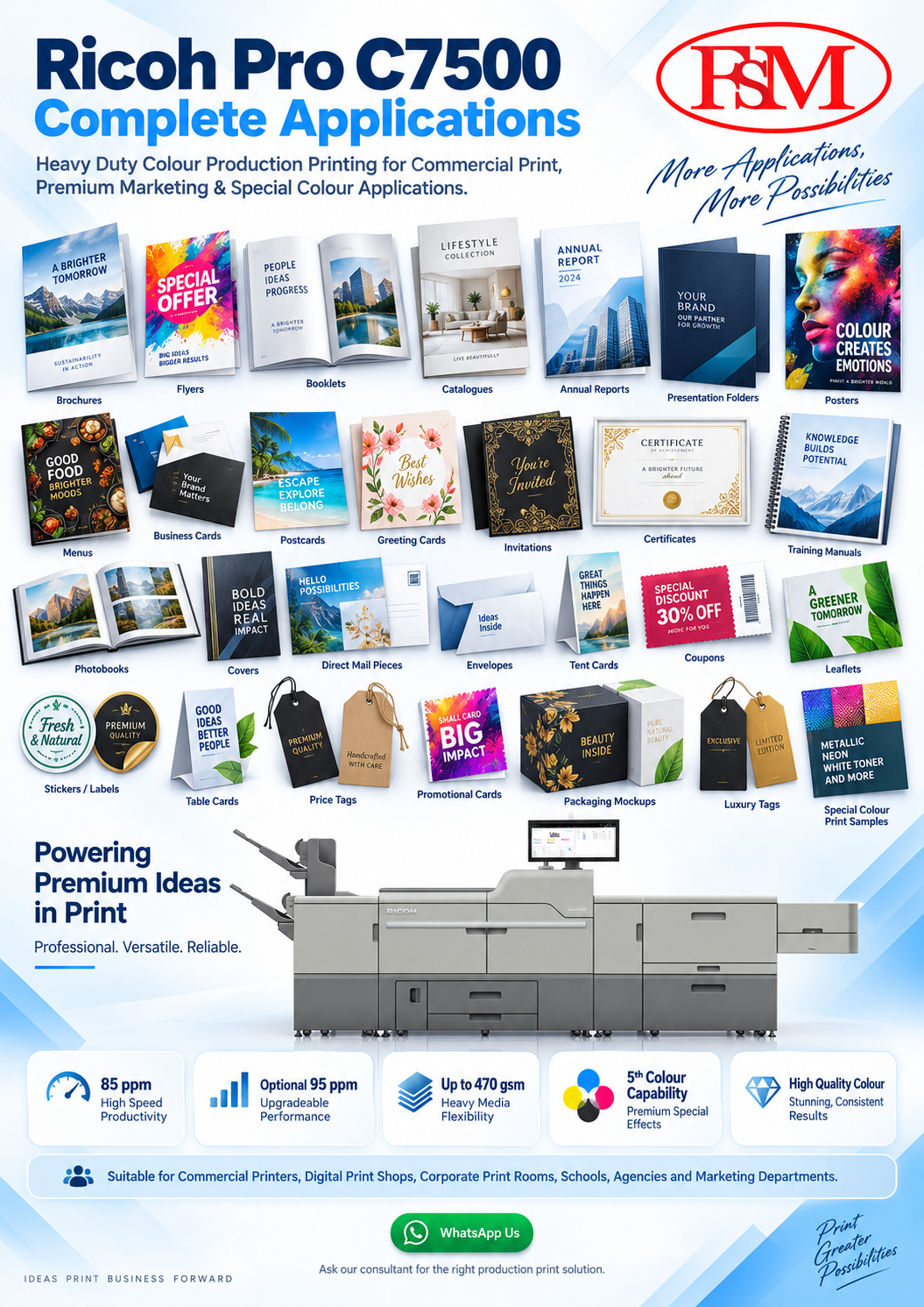 Ricoh Pro C7500 production printing applications including brochures booklets packaging cards menus certificates banners and special colour printing