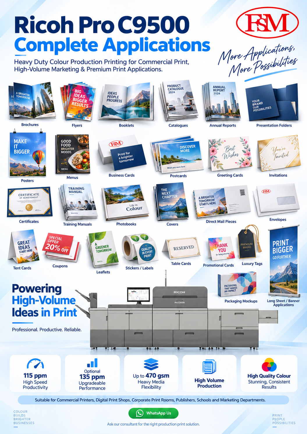 Ricoh Pro C9500 production printing applications including brochures books catalogues direct mail packaging covers cards reports and marketing materials