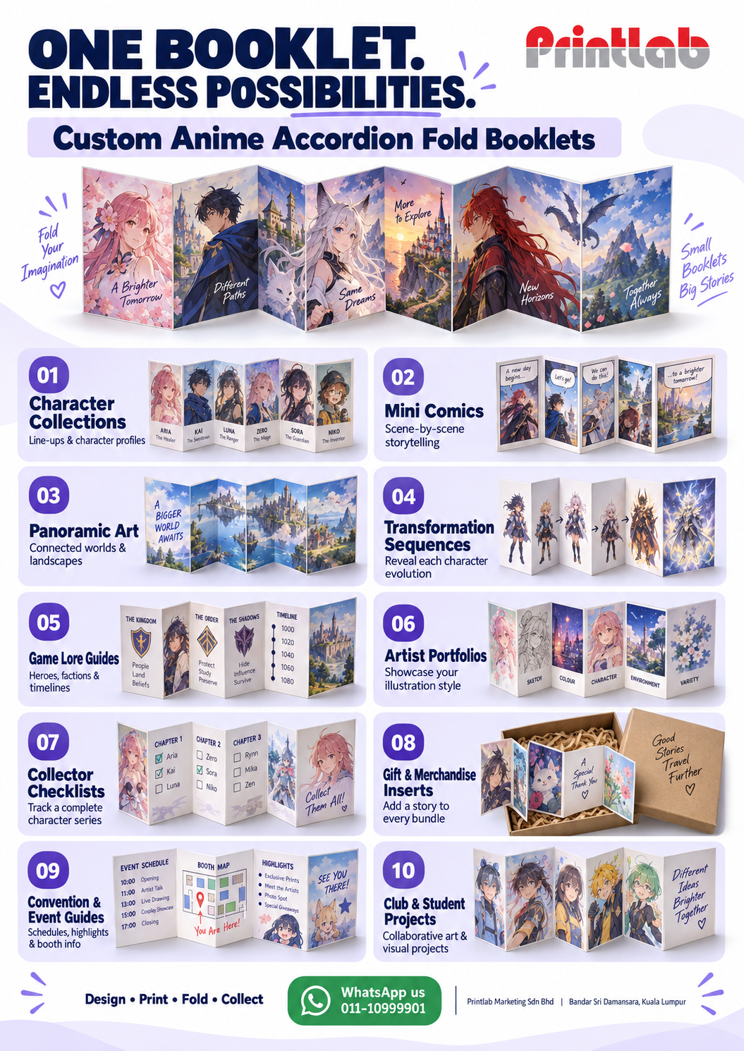 Custom anime accordion fold booklet applications, including character collections, mini comics, portfolios, game guides and gift inserts, by Printlab Kuala Lumpur.