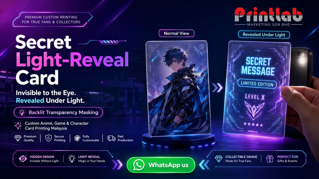 Custom anime game character secret light reveal card with hidden text revealed by backlight using transparency masking by Printlab KL Malaysia