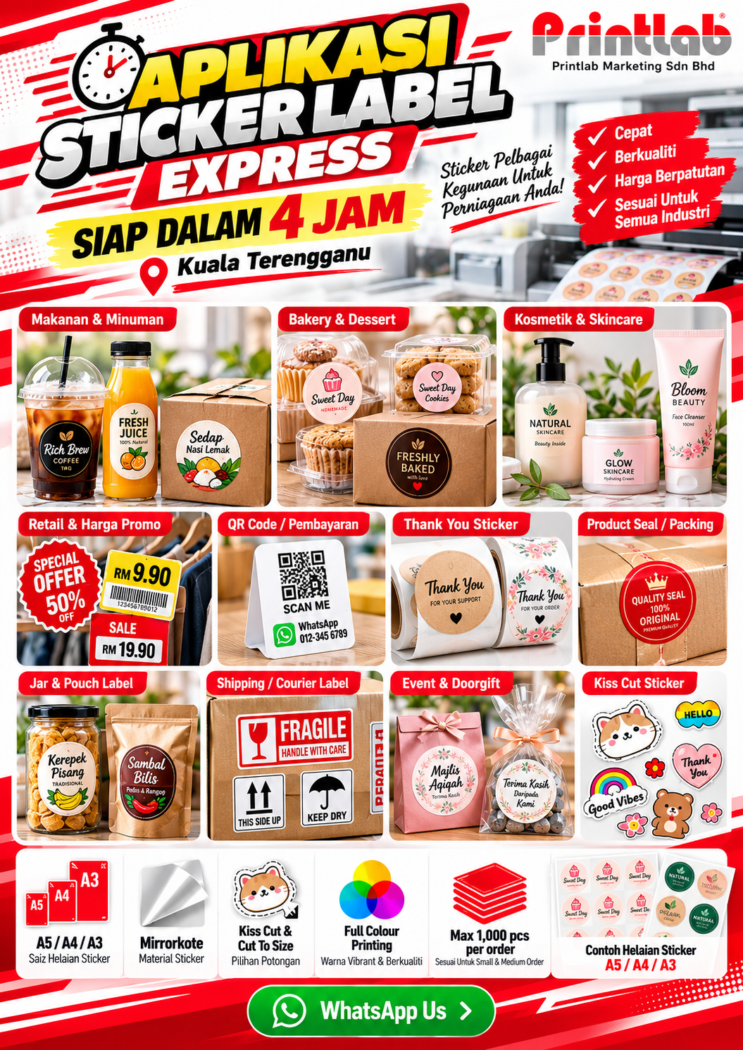 Urgent same day sticker label printing siap 4 jam di Printlab Kuala Terengganu
