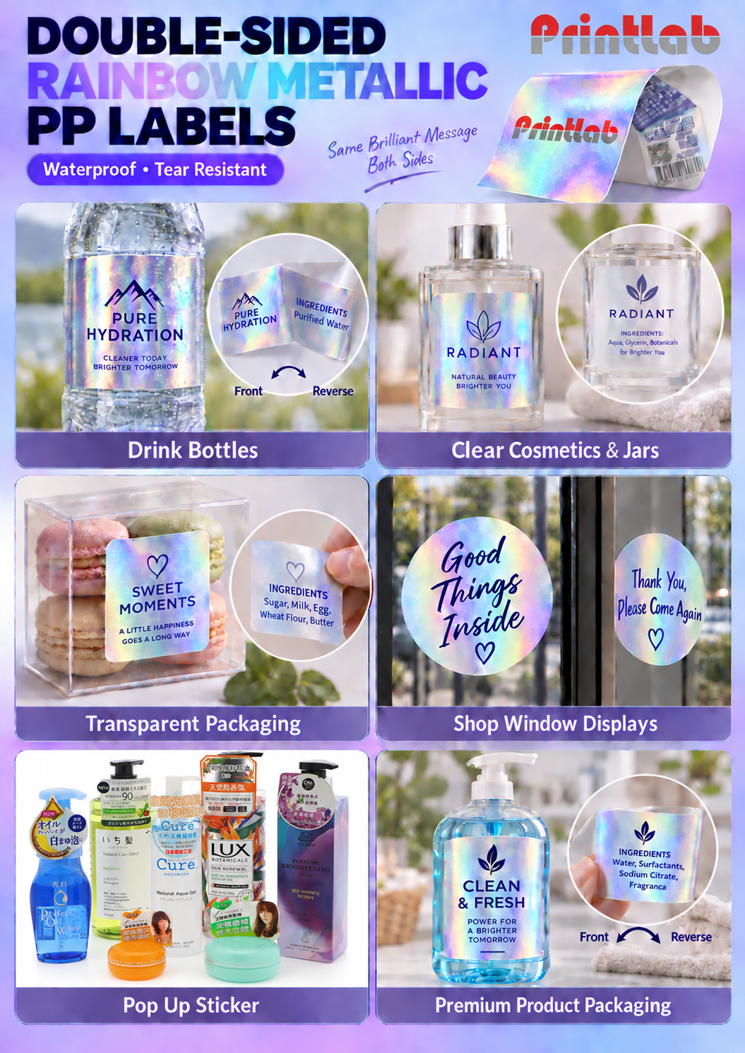 Custom laser rainbow hologram silver PP double side sticker labels for clear bottles, packaging and window displays printed by Printlab PJ KL.
