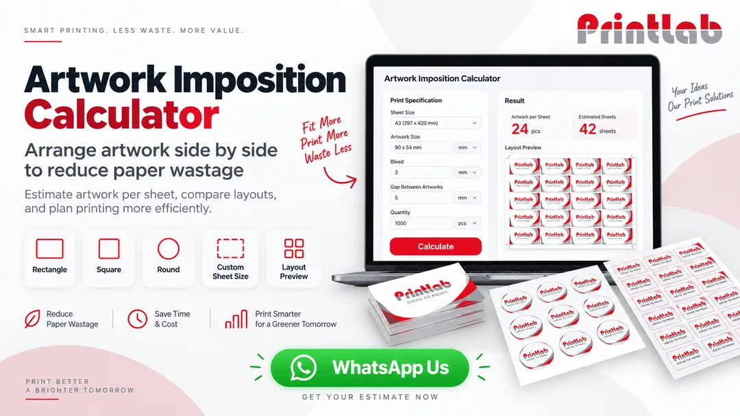 Artwork Imposition Calculator by Printlab Malaysia for arranging square rectangular and round artwork efficiently to reduce paper wastage before printing