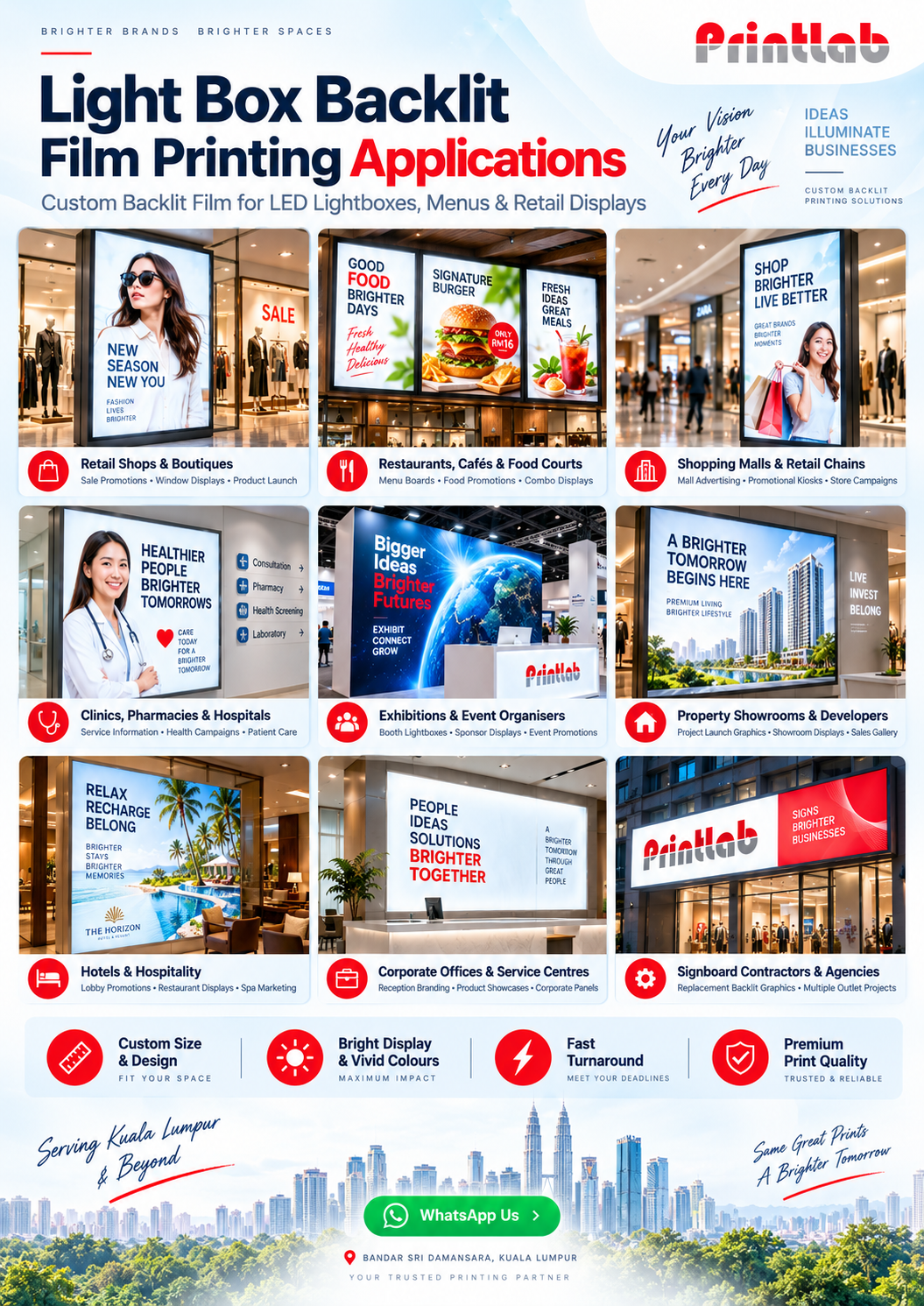 Custom lightbox backlit film printing applications for restaurants, retail stores, shopping malls, clinics, property showrooms, exhibitions near MITEC and corporate illuminated signage.