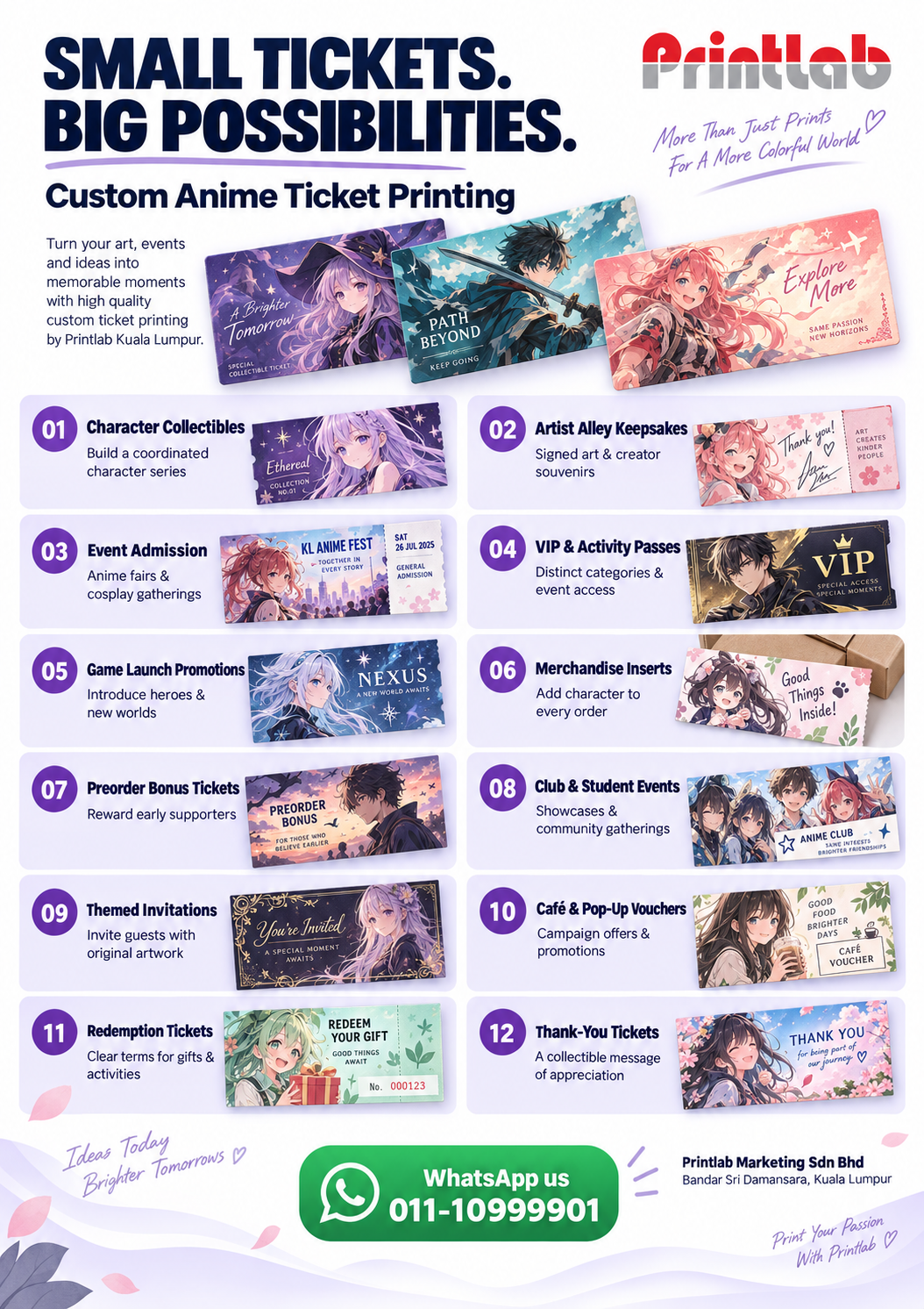 Custom anime ticket applications including character collectibles, event admission, VIP passes, merchandise inserts and vouchers by Printlab Kuala Lumpur.