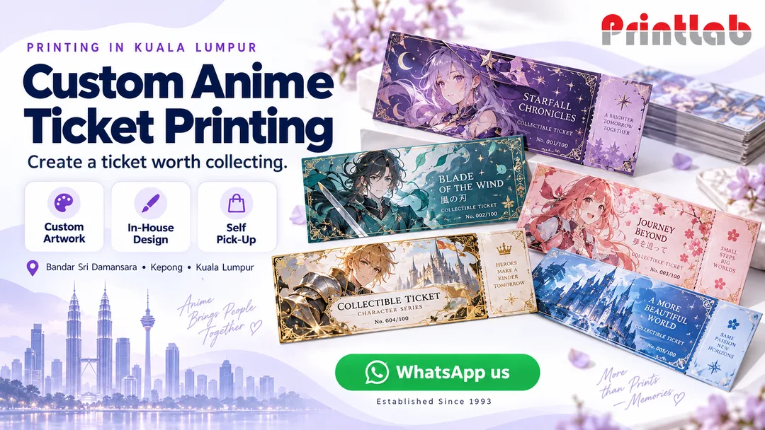 Custom printed anime character tickets in assorted designs by Printlab in Bandar Sri Damansara, Kuala Lumpur.