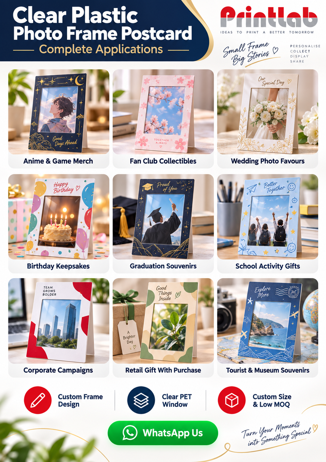 Custom clear plastic photo frame postcard with transparent PET insert printed by Printlab KL PJ