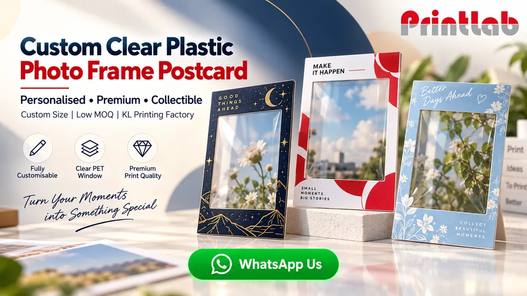 Custom clear plastic photo frame postcard with transparent PET insert printed by Printlab Kuala Lumpur