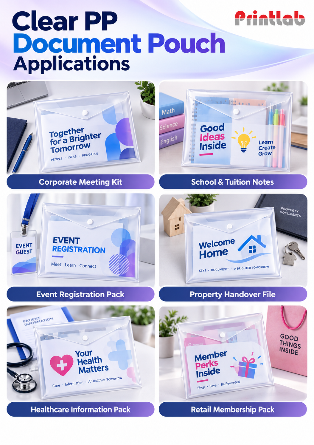 Transparent PP snap-button document pouch for school and tuition notes, custom printed by Printlab Kuala Lumpur.

