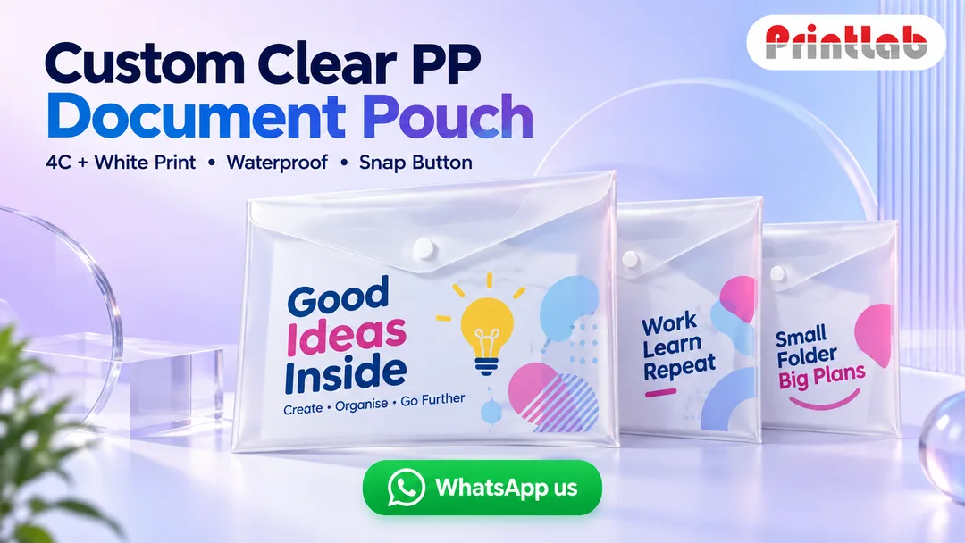 Custom transparent clear PP document pouch with snap button and colourful 4C plus white logo printing by Printlab Kuala Lumpur.