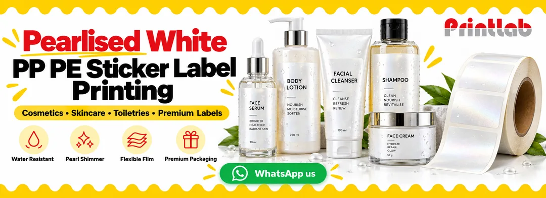 Custom pearlised white PP PE sticker label printing in KL for cosmetics, skincare bottles, serum containers, shampoo bottles, jars and premium product packaging by Printlab