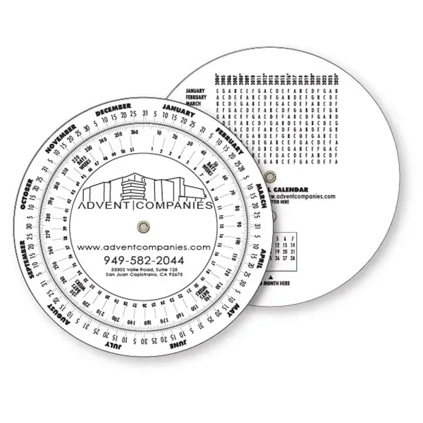 Printed rotating calendar calculator wheel with centre rivet and custom company branding by Printlab Kuala Lumpur