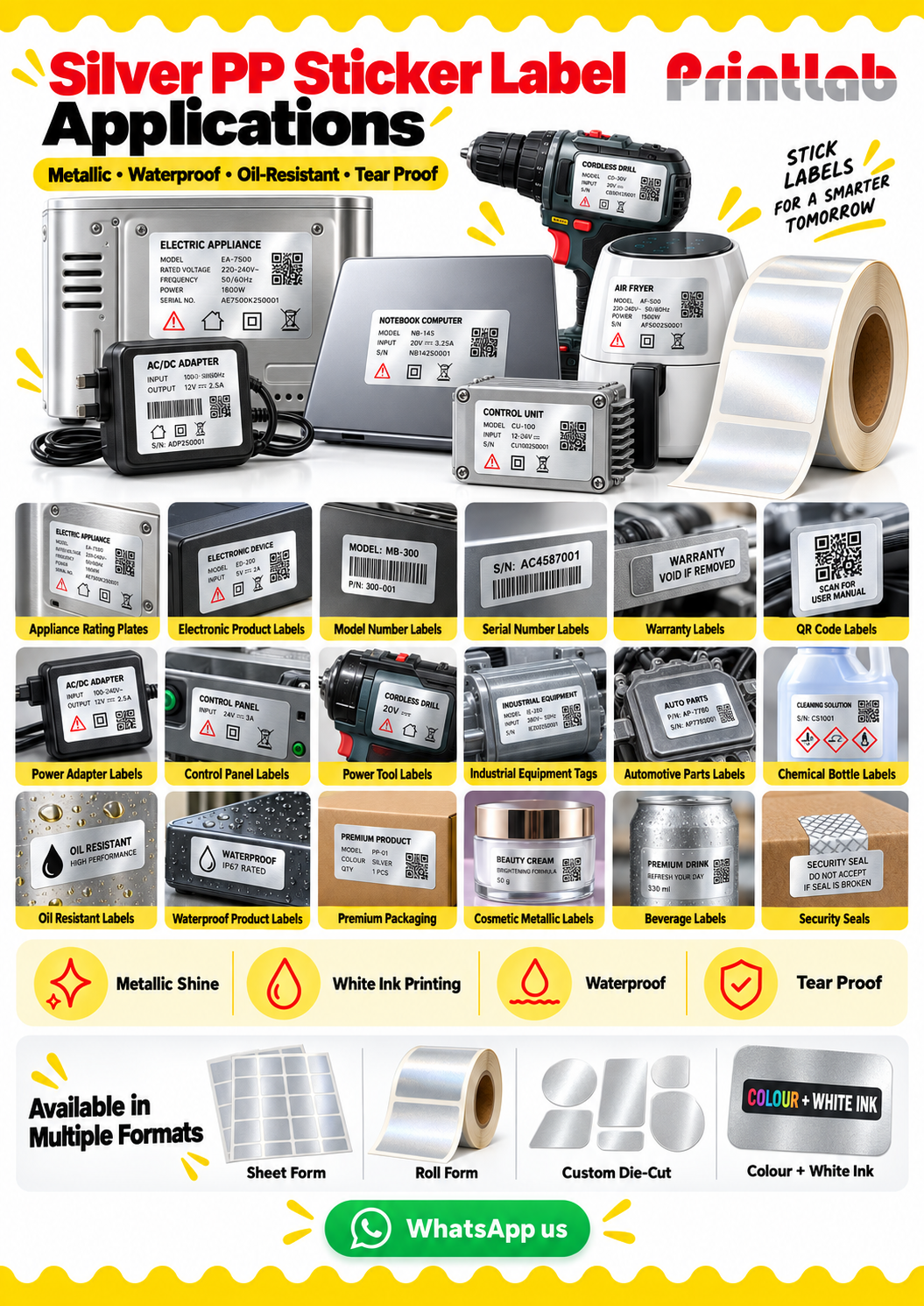 Silver PP sticker label application guide by Printlab KL showing metallic waterproof labels for electric appliances, electronics, rating plates, warranty labels, QR code labels, power adapters, control panels, power tools, industrial equipment, automotive parts, chemical bottles, premium packaging and security seals.