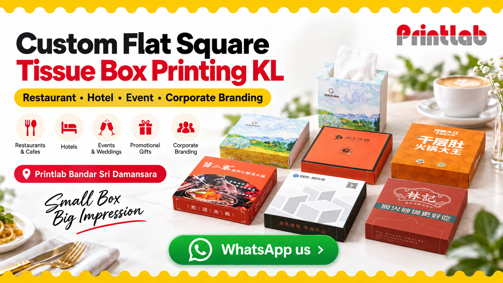 Custom flat square tissue box printing in KL for restaurants, cafes, hotels and event table branding by Printlab Bandar Sri Damansara