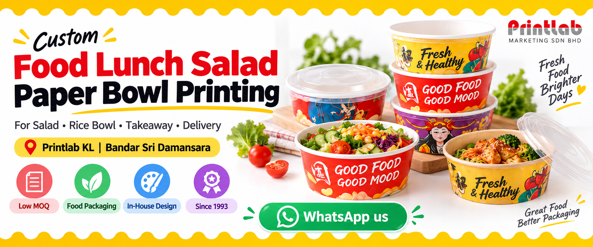 Custom food lunch salad paper bowl printing in KL for restaurants, cafes, takeaway meals and delivery packaging by Printlab Bandar Sri Damansara