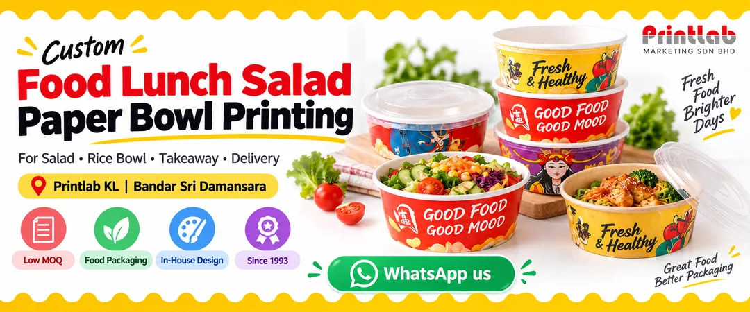 Custom food lunch salad paper bowl printing in KL for restaurants, cafes, takeaway meals and delivery packaging by Printlab Bandar Sri Damansara