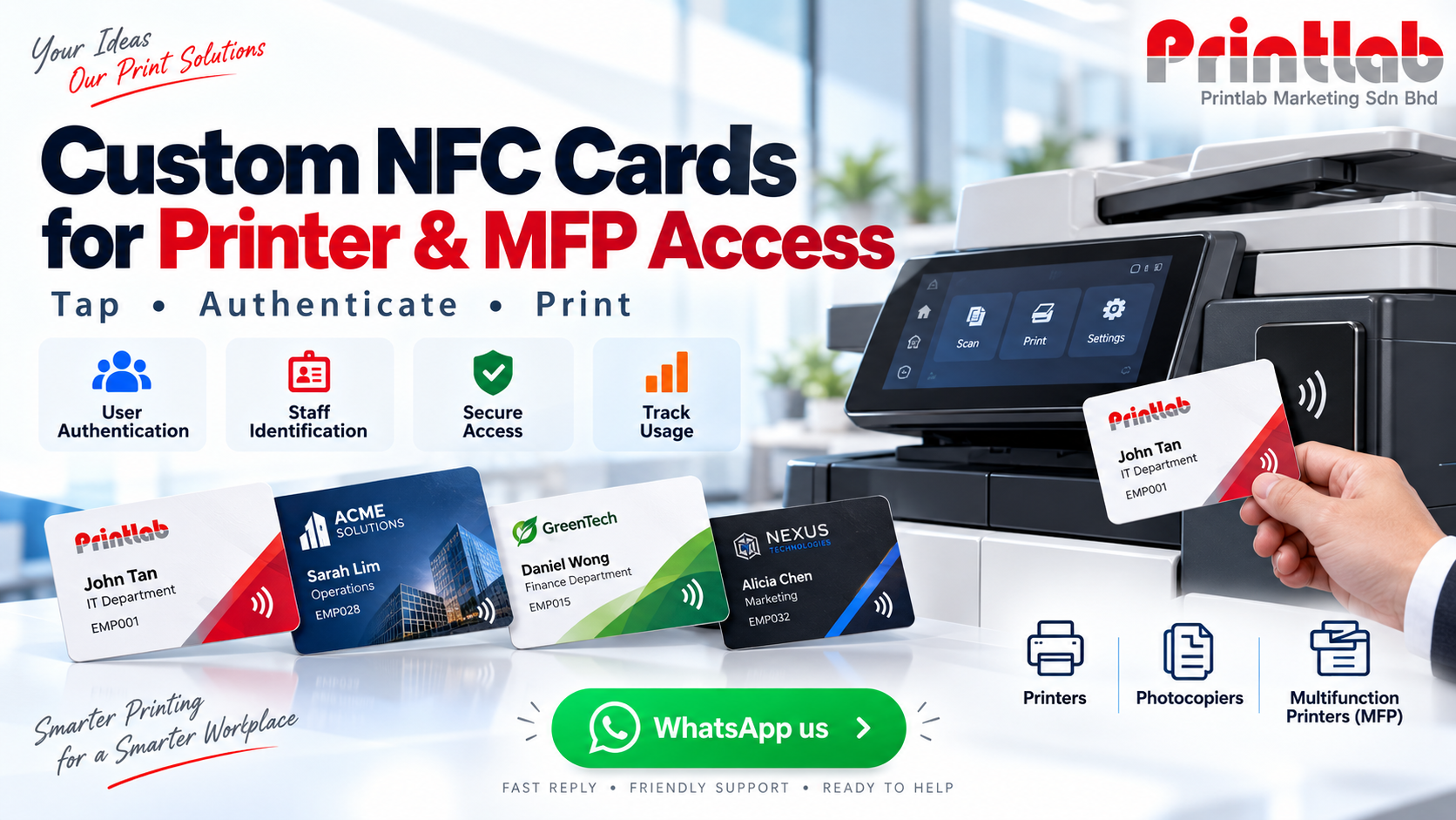 Custom printed NFC authentication card for printer photocopier and multifunction printer access by Printlab Bandar Sri Damansara Kuala Lumpur